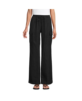 Lands' End Women's Linen High Rise Elastic Back Wide Leg Cargo Pants
