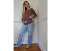 Pinkblush Maternity Brown Ribbed Scoop Neck Long Sleeve Top