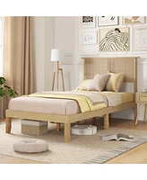 Gymax Twin Size Bed Frame w/ Rattan Headboard 10 Solid Wood Legs & 12 Wooden Slats