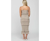 Pinkblush Maternity Taupe Leaf Print Smocked Fitted Midi Dress