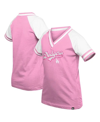 New Era Big Girls Pink Los Angeles Dodgers Mommy Me Raglan V-Neck T-Shirt