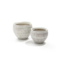 LuxenHome White with Gold V-Pattern Polyresin 12-Inch Round Planter