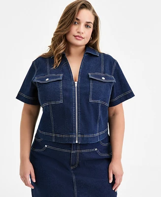 Bar Iii Trendy Plus Seamed Denim Zip-Front Top, Exclusively at Macy's