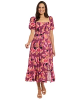 London Times Women's Printed Square-Neck Puff-Sleeve Dress
