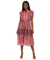 London Times Women's Printed Split-Neckline Ruffle Midi Dress