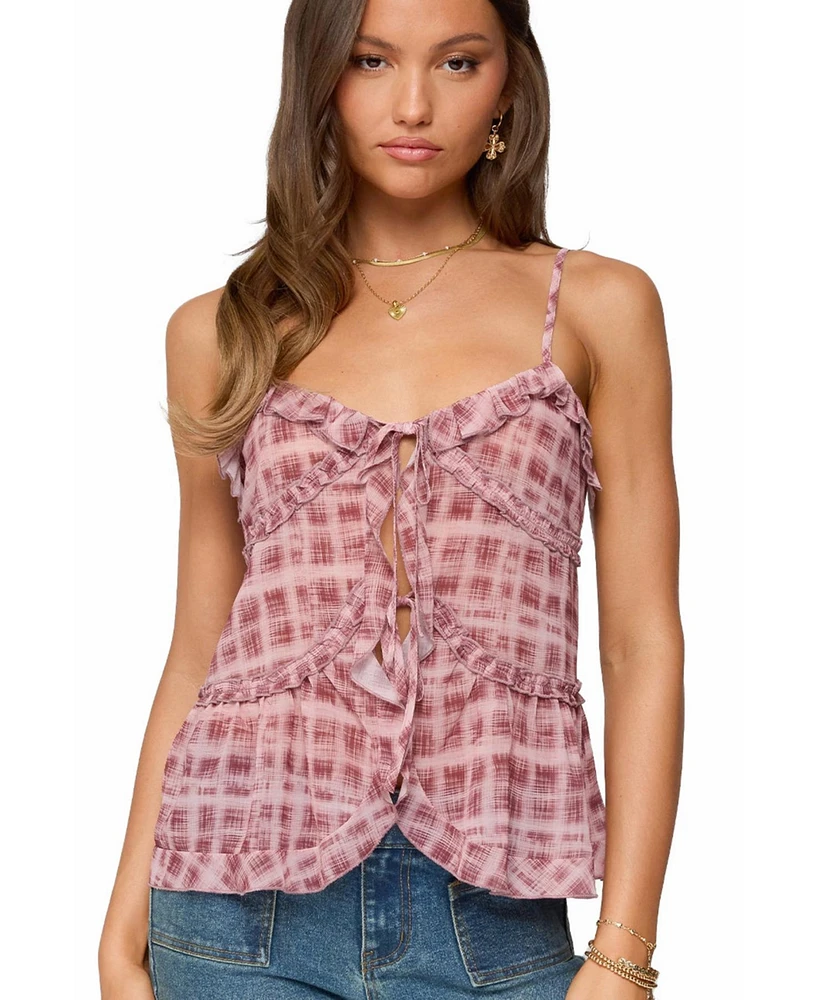 Edikted Women's Chiffon Printed Tie Front Ruffle Top