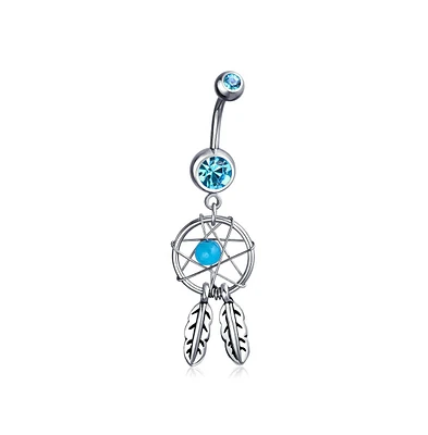 Bling Jewelry Western Native American Indian Dream Catcher Leaf Dangle Bar Navel Belly Ring Crystal 316L Stainless Steel 14 Gauge