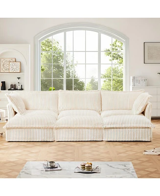 Cream Corduroy 3-Seat Sofa with Ottomans & Sleeper