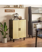 Sideboard Buffet Cabinet, Kitchen Cabinet, Coffee Bar Cabinet with 2 Rattan Doors and Adjustable Shelves, Black and Natural