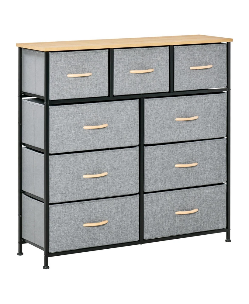 9 Drawers Storage Chest Dresser Organizer Unit w/ Steel Frame, Wood Top, Easy Pull Fabric Bins, for Bedroom, Hallway, Closet, Entryway, Oak & Grey
