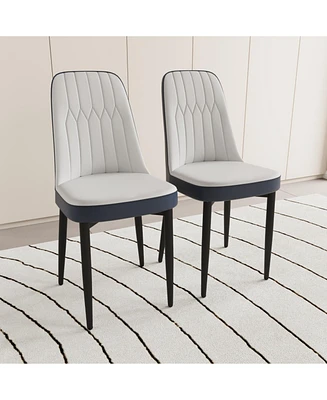 Set of 2 Modern Dining Chairs with Pu Leather Cushions, Black Metal (White and Blue)
