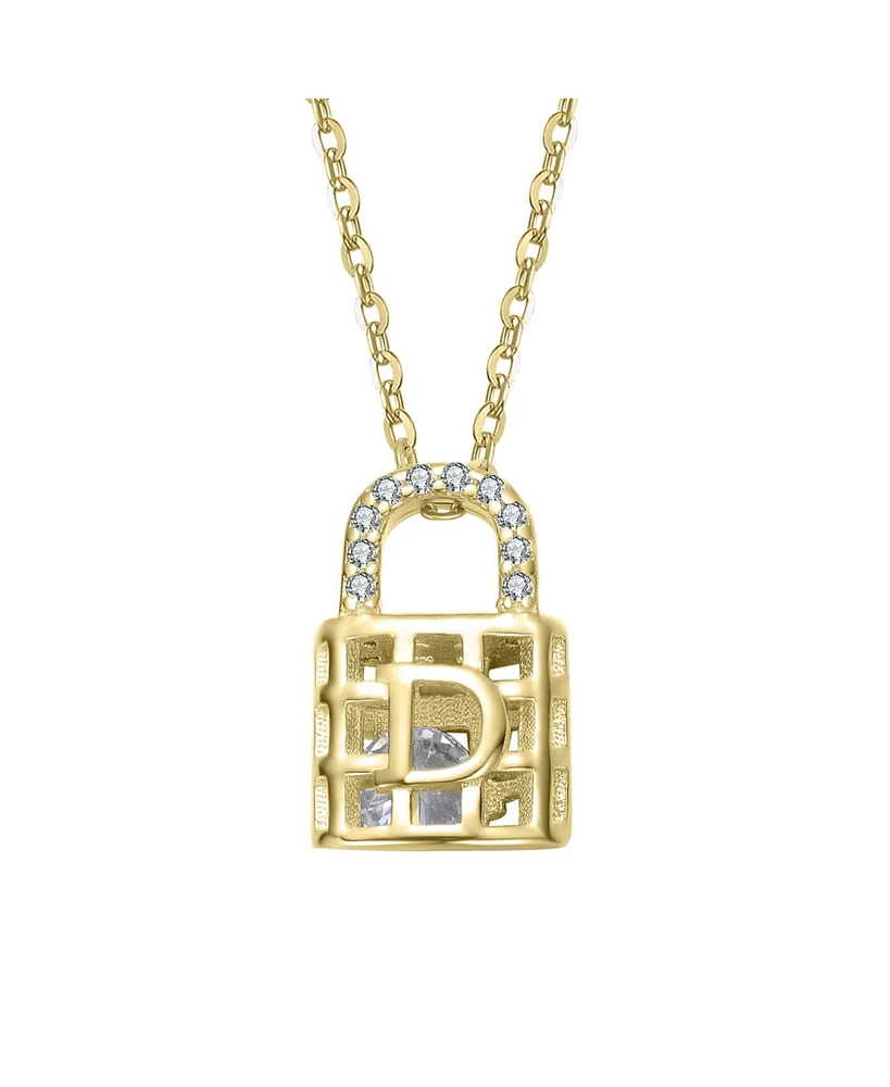 14K Gold Plated with Clear Cubic Zirconia Accents Padlock Pendant Necklace