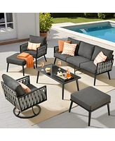 Xizzi 6-Priece Outdoor Patio Set with All-Weather Polyester Rope, Conversation Sofa for Backyard Deck Soft Cushions,Ottomans and Glass Coffee