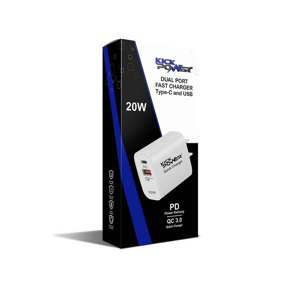 KickPOWER -Wall Charger (Pd & Usb 20 Watt Dual Port) Quick Charger