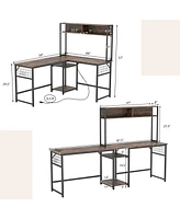 L-shaped Desk with Power Outlet Hutch