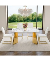 Pandora Stone Table & 4 White Pu Chairs - Butterfly Legs