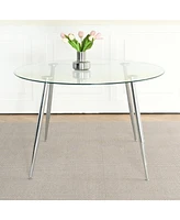 Glass and Pu Dining Set: 1 Round Table, 6 Grey Chairs