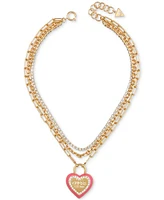 Guess Gold-Tone Crystal Logo Heart Layered Pendant Necklace, 18" + 2" extender