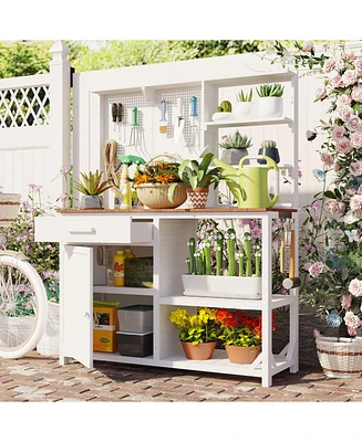Fir Wood Potting Bench with Hutch & Storage