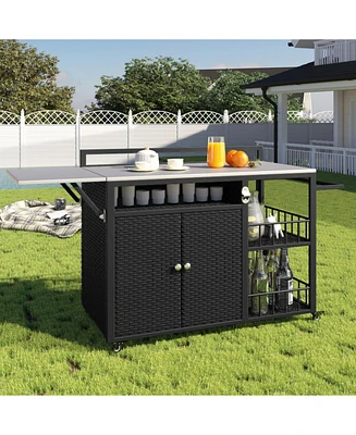 Outdoor Kitchen Island with Storage & Foldable Table