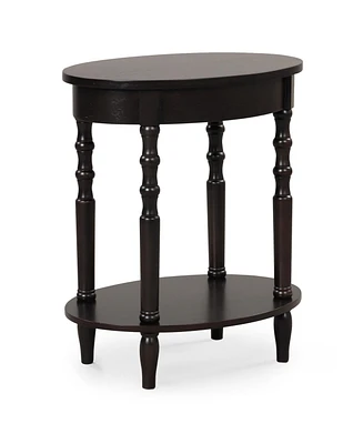 2-Tier Oval Side Table with Storage Shelf and Solid Wood Legs
