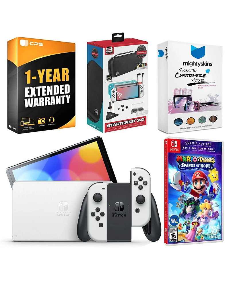 Nintendo Switch White Oled Console with Mario + Rabbids Sparks of Hope Cosmic Edition, Surge Accessory Gaming Kit, MightySkins Console and Controller