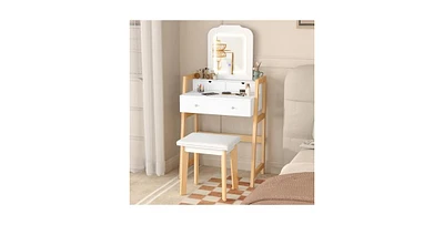 Adjustable Height Vanity Desk Set with 3-Color Led Lighted Mirror and Drawers