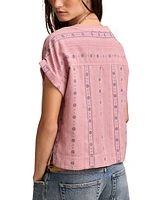 Lucky Brand Women's Embroidered Cotton Cuffed-Sleeve Top