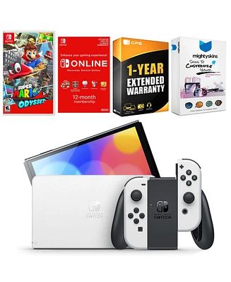 Nintendo Switch White Oled Console with Super Mario Odyssey, Nso 12 Month Family Membership, MightySkins Console and Controller Skin Voucher