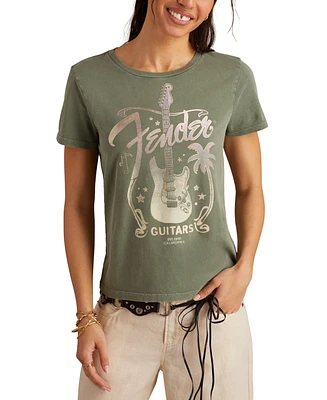 Lucky Brand Women's Fender Guitar Palms Cotton Classic Crewneck T-Shirt