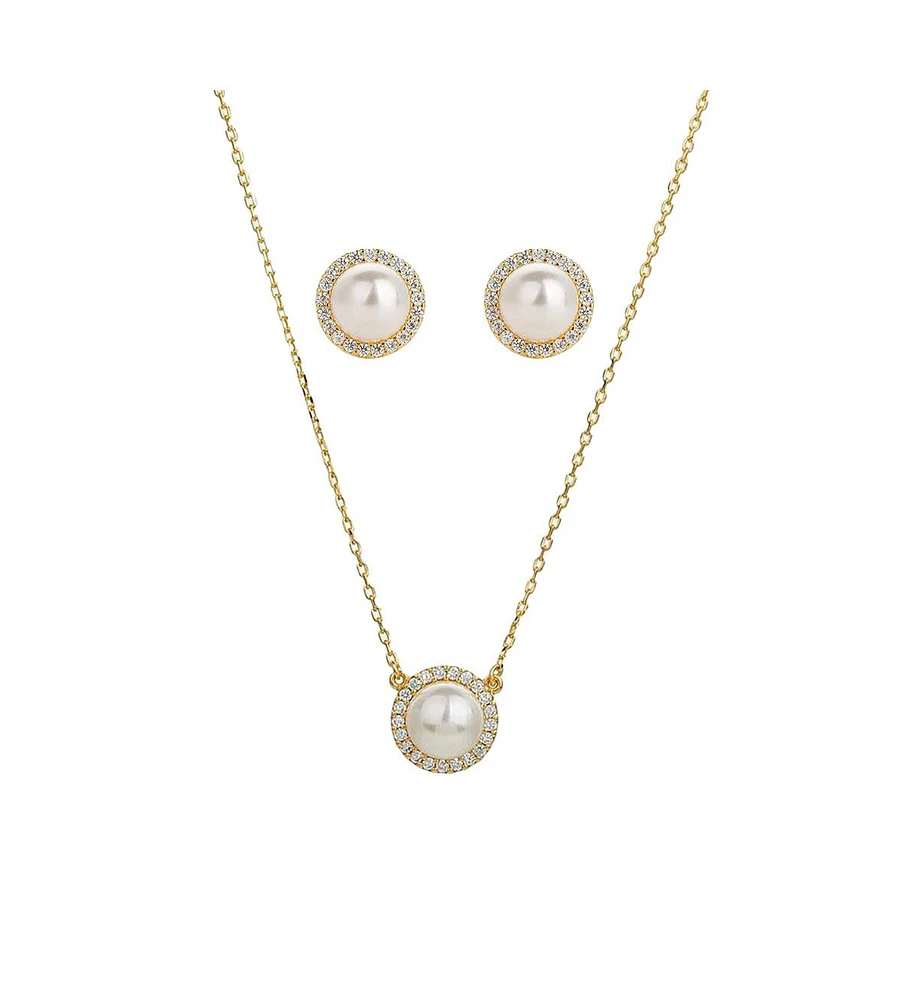 Sterling Silver 18k Gold Plated Eleanor Single Cultured Pearl Necklace & Stud Earrings Set