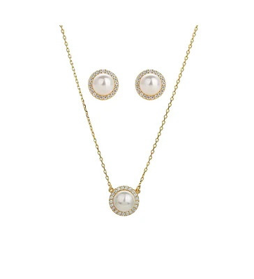 Sterling Silver 18k Gold Plated Eleanor Single Cultured Pearl Necklace & Stud Earrings Set