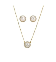Sterling Silver 18k Gold Plated Eleanor Single Cultured Pearl Necklace & Stud Earrings Set