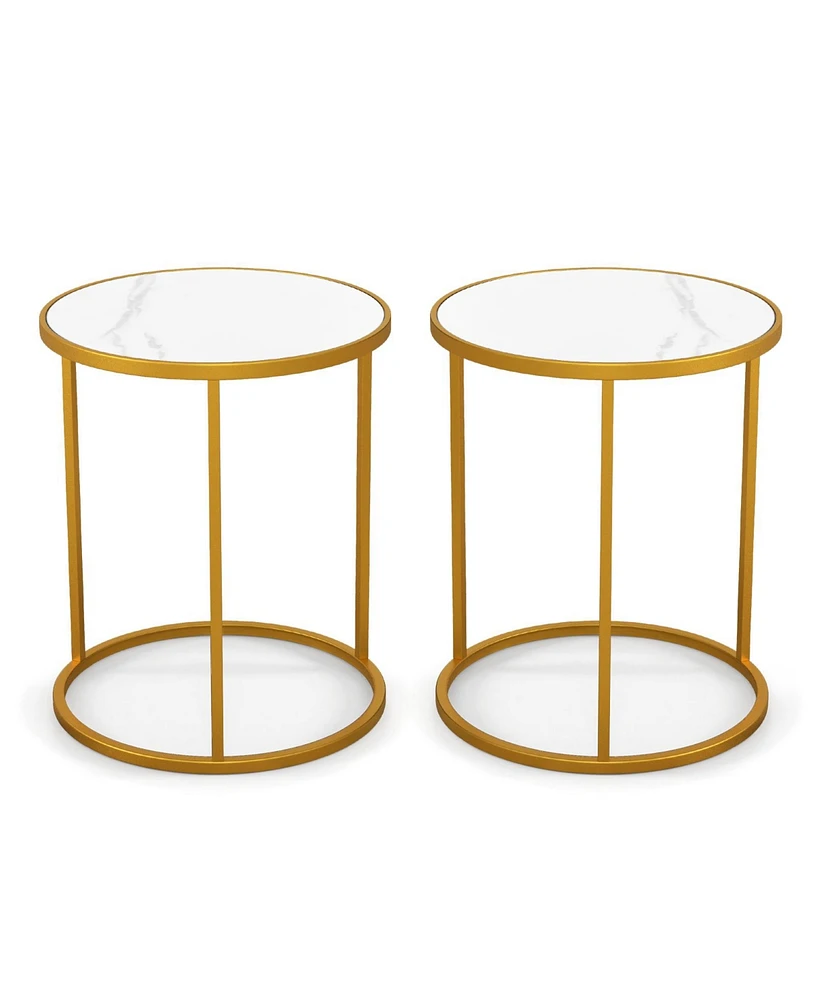 16 Inch Marble Top Round Side Table with Metal Frame for Living Room Bedroom-Set of 2