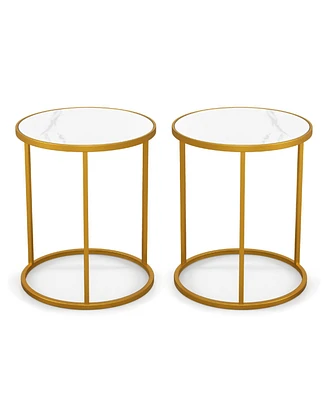 16 Inch Marble Top Round Side Table with Metal Frame for Living Room Bedroom-Set of 2