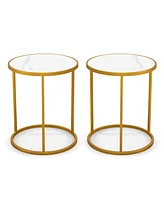 16 Inch Marble Top Round Side Table with Metal Frame for Living Room Bedroom-Set of 2