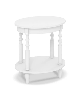 2-Tier Oval Side Table with Storage Shelf and Solid Wood Legs