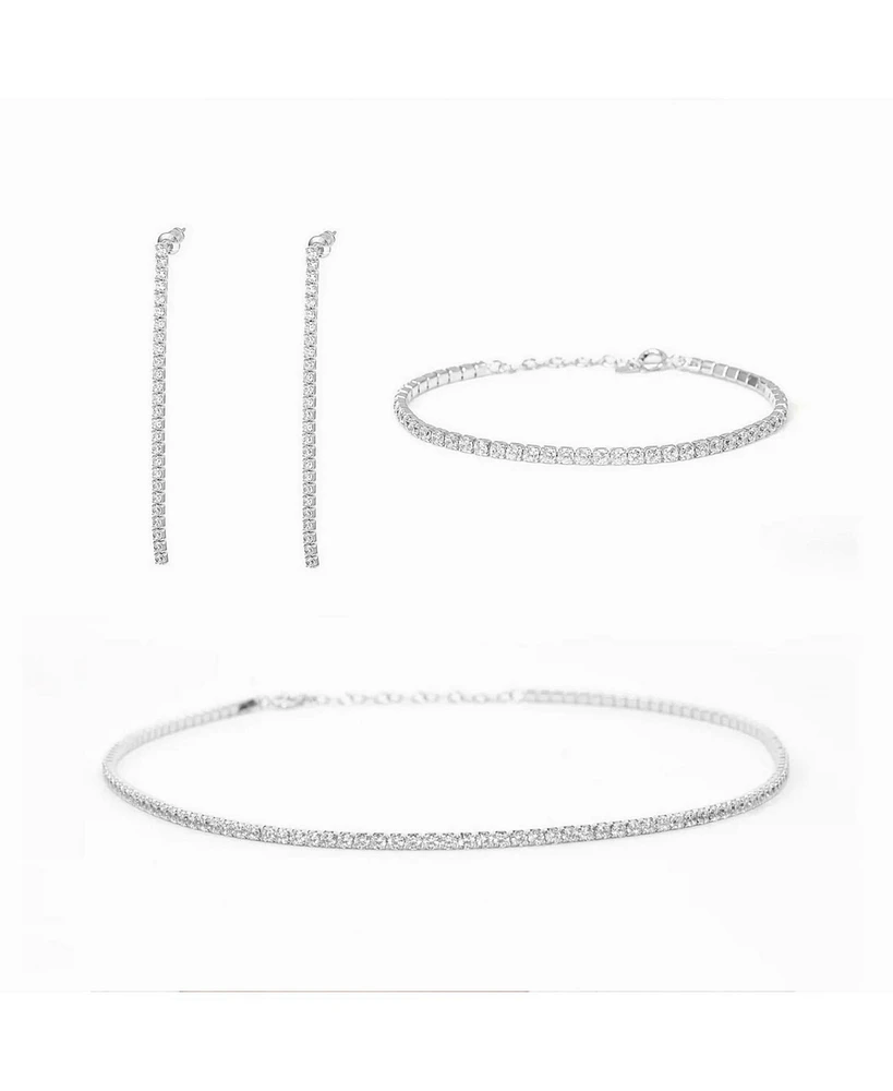 Sterling Silver Cherie Tennis Bracelet, Necklace & Drop Earrings Set