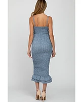 Pinkblush Maternity Blue Gingham Print Smocked Fitted Self-Tie Midi Dress