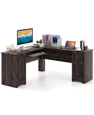 L-Shaped Office Desk with Storage Drawers and Keyboard Tray