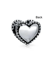 Bling Jewelry Milgrain Edge Heart Shape Charm Bead Oxidized .925 Sterling Silver Fits European Bracelet