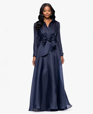 Betsy & Adam Women's Solid-Color Tie-Front Long Shirtdress