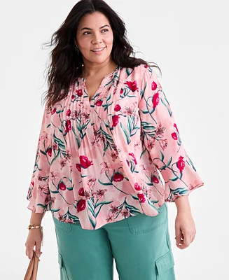 Style & Co Plus Printed V-Neck Ruffle-Cuff Blouse