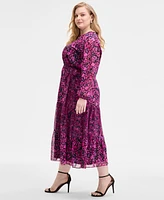 Kasper Plus Printed Blouson-Sleeve Midi Dress