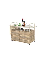 Wicker Bar Cart with Ice Bucket & Steel Top