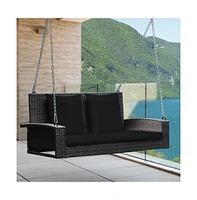 2-Person Wicker Hanging Porch Swing with 2 Back Cushions and 1 Seat Cushion