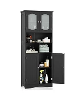 58.5 Inch Freestanding Linen Bathroom Storage Cabinet with Frost Glass Doors