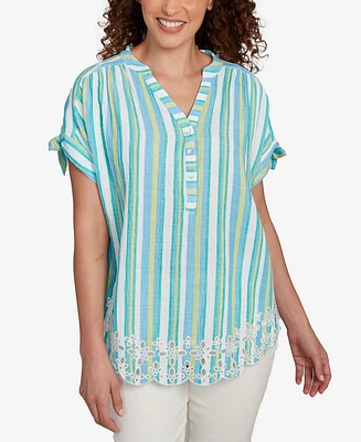 Ruby Rd. Petite Scalloped Stripe Embroidered Tie Sleeve Top