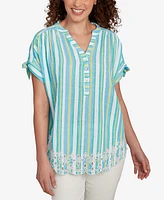 Ruby Rd. Petite Scalloped Stripe Embroidered Tie Sleeve Top