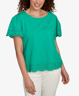 Ruby Rd. Petite Embroidered Sleeve Solid T-Shirt
